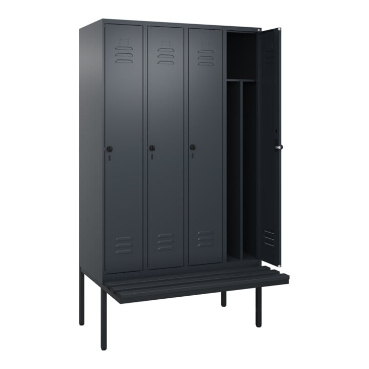 C+P Spind Classic PLUS, Bank, 4 Abteile, 2120x1200x815mm, 7016/7016 Verschluss Sicherheits-Drehriegel 4 Garderobenhaken Trennwand mittig Dekor Banklatten RAL 7021 Schwarzgrau Sitzbanktyp auskragend