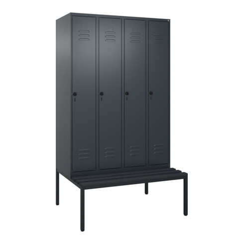 C+P Spind Classic PLUS, Bank, 4 Abteile, 2120x1200x815mm, 7016/7016 Verschluss Sicherheits-Drehriegel 4 Garderobenhaken Trennwand mittig Dekor Banklatten RAL 7021 Schwarzgrau Sitzbanktyp untergebaut