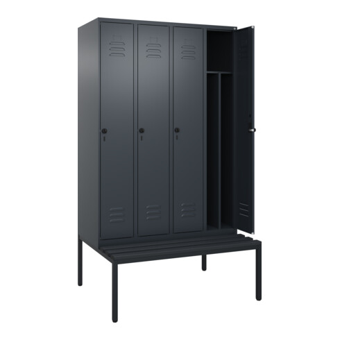 C+P Spind Classic PLUS, Bank, 4 Abteile, 2120x1200x815mm, 7016/7016 Verschluss Sicherheits-Drehriegel 4 Garderobenhaken Trennwand mittig Dekor Banklatten RAL 7021 Schwarzgrau Sitzbanktyp untergebaut