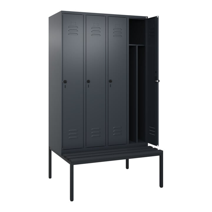 C+P Spind Classic PLUS, Bank, 4 Abteile, 2120x1200x815mm, 7016/7016 Verschluss Sicherheits-Drehriegel 4 Garderobenhaken Trennwand mittig Dekor Banklatten RAL 7021 Schwarzgrau Sitzbanktyp untergebaut