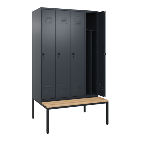 C+P Spind Classic PLUS, Bank, 4 Abteile, 2120x1200x815mm, 7016/7016 Verschluss Sicherheits-Drehriegel 4 Garderobenhaken Trennwand mittig  Sitzbanktyp untergebaut