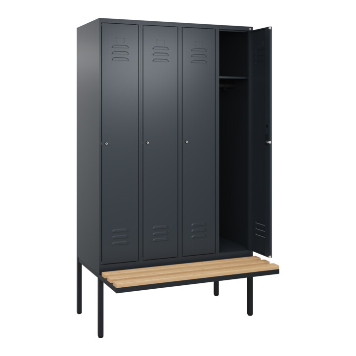 C+P Spind Classic PLUS, Bank, 4 Abteile, 2120x1200x815mm, 7016/7016 Verschluss Zylinderschloss 3 Garderobenhaken   Sitzbanktyp auskragend