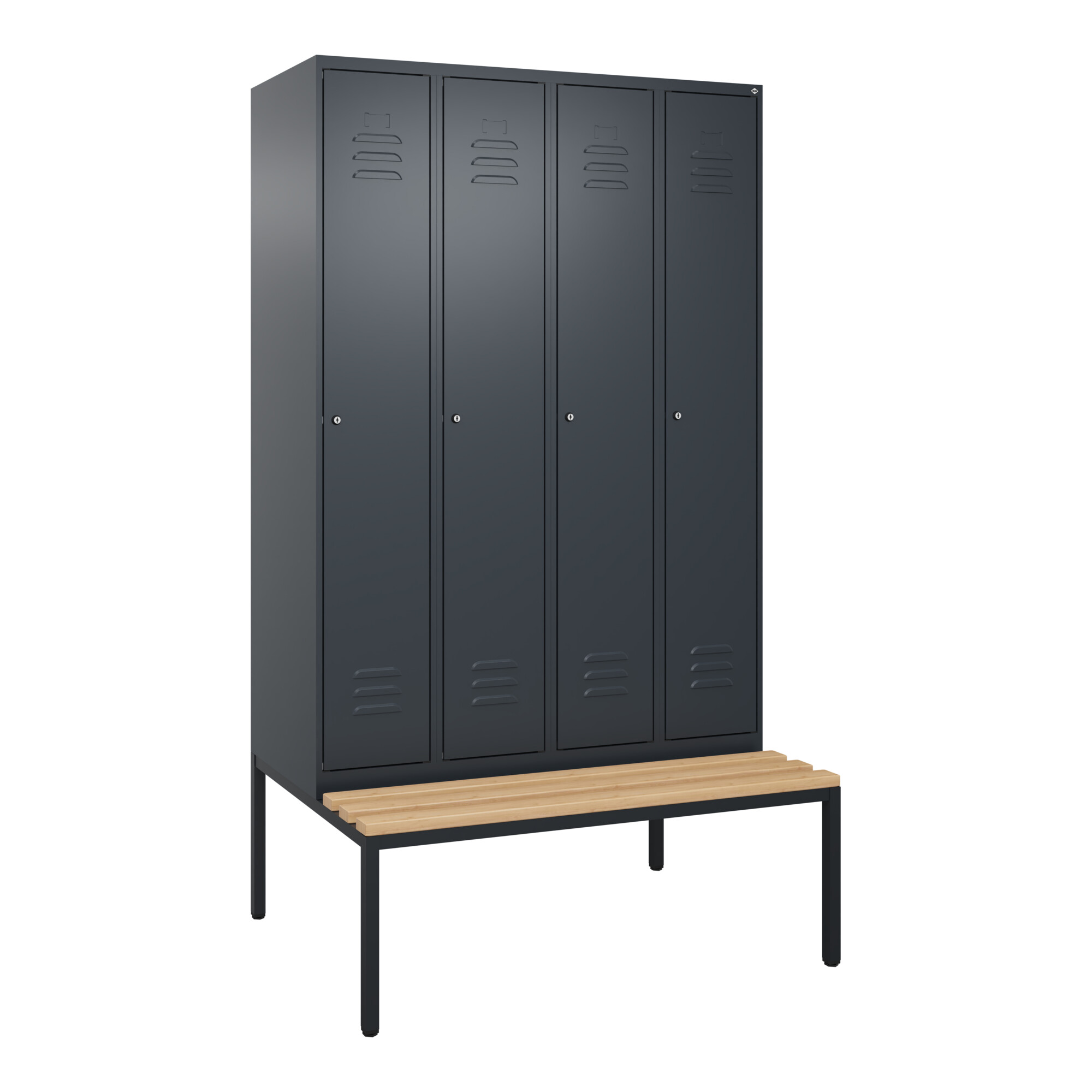 C+P Spind Classic PLUS, Bank, 4 Abteile, 2120x1200x815mm, 7016/7016 Verschluss Zylinderschloss 3 Garderobenhaken Sitzbanktyp untergebaut ; C + P Möb