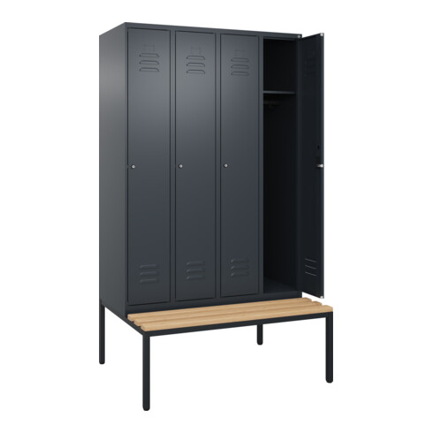 C+P Spind Classic PLUS, Bank, 4 Abteile, 2120x1200x815mm, 7016/7016 Verschluss Zylinderschloss 3 Garderobenhaken   Sitzbanktyp untergebaut