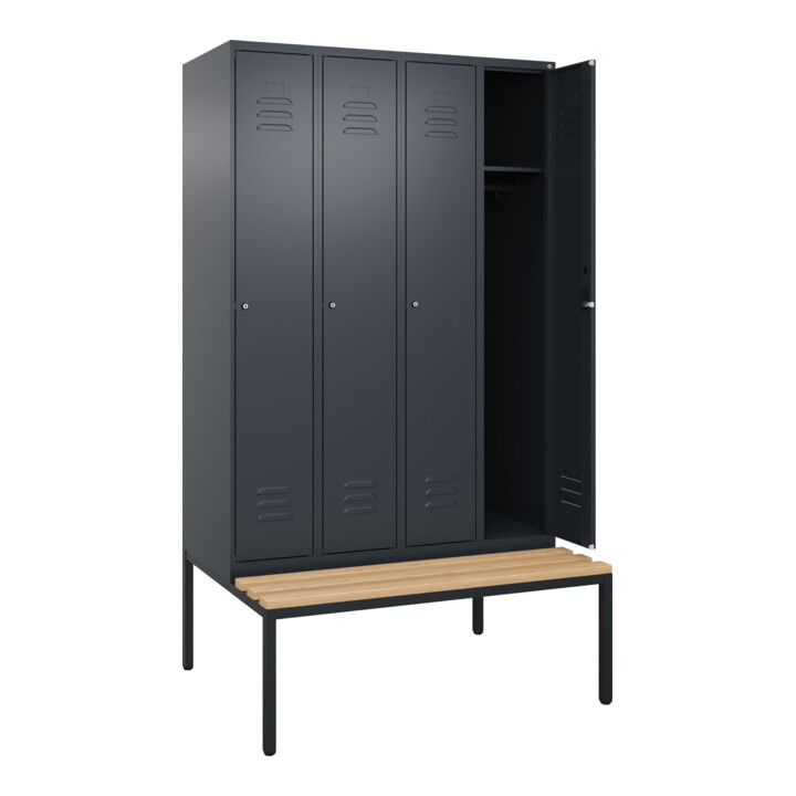 C+P Spind Classic PLUS, Bank, 4 Abteile, 2120x1200x815mm, 7016/7016 Verschluss Zylinderschloss 3 Garderobenhaken   Sitzbanktyp untergebaut