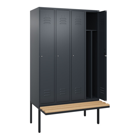 C+P Spind Classic PLUS, Bank, 4 Abteile, 2120x1200x815mm, 7016/7016 Verschluss Zylinderschloss 4 Garderobenhaken Trennwand mittig  Sitzbanktyp auskragend
