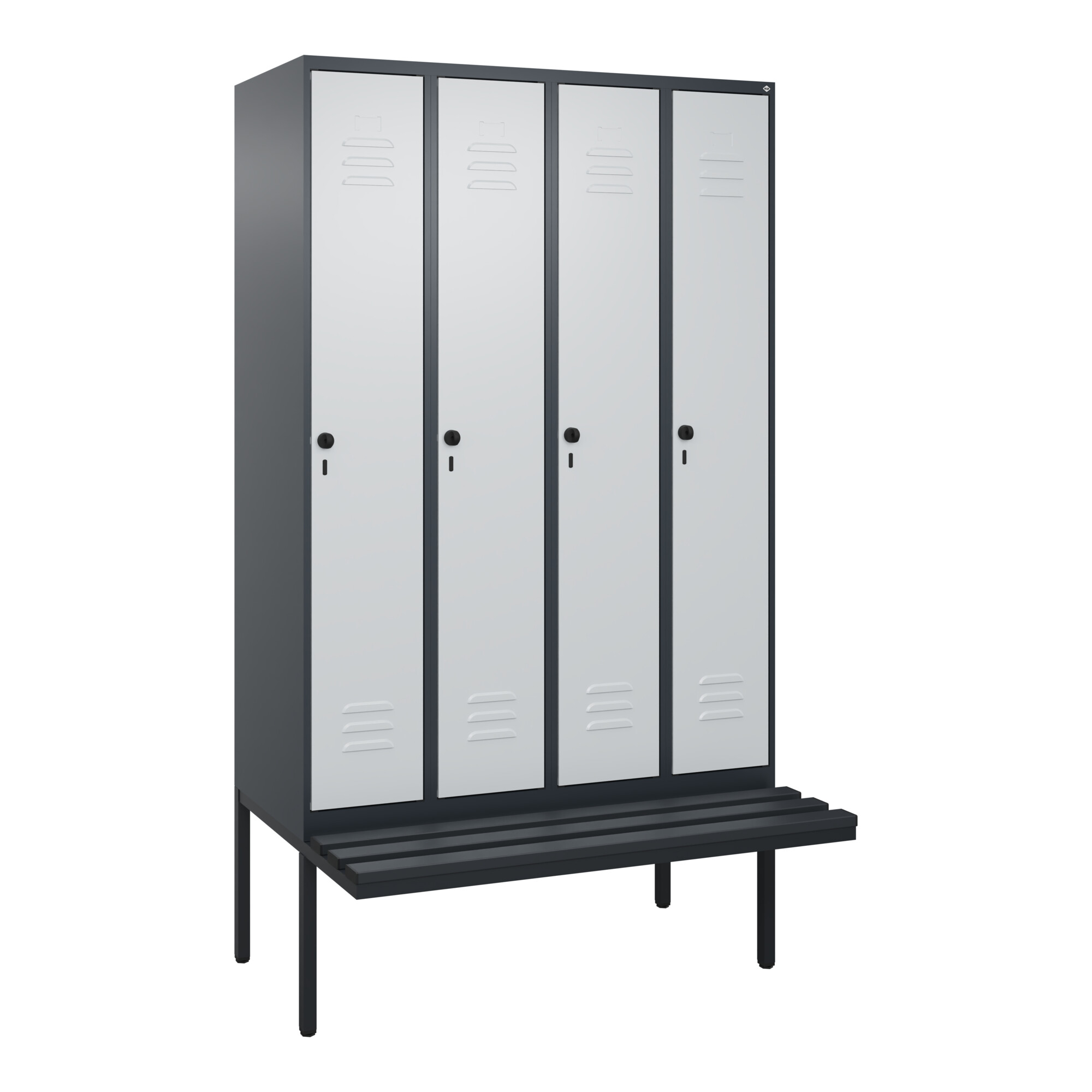 C+P Spind Classic PLUS, Bank, 4 Abteile, 2120x1200x815mm, 7016/7035 Verschluss Sicherheits-Drehriegel 4 Garderobenhaken Trennwand mittig Dekor Banklat