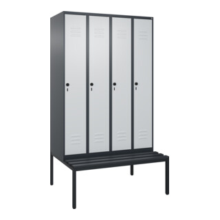 C+P Spind Classic PLUS, Bank, 4 Abteile, 2120x1200x815mm, 7016/7035 Verschluss Sicherheits-Drehriegel 4 Garderobenhaken Trennwand mittig Dekor Banklatten RAL 7021 Schwarzgrau Sitzbanktyp untergebaut