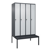 C+P Spind Classic PLUS, Bank, 4 Abteile, 2120x1200x815mm, 7016/7035 Verschluss Sicherheits-Drehriegel 4 Garderobenhaken Trennwand mittig Dekor Banklatten RAL 7021 Schwarzgrau Sitzbanktyp untergebaut