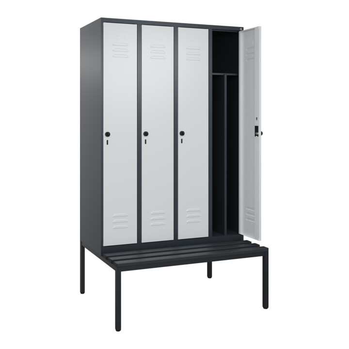 C+P Spind Classic PLUS, Bank, 4 Abteile, 2120x1200x815mm, 7016/7035 Verschluss Sicherheits-Drehriegel 4 Garderobenhaken Trennwand mittig Dekor Banklatten RAL 7021 Schwarzgrau Sitzbanktyp untergebaut