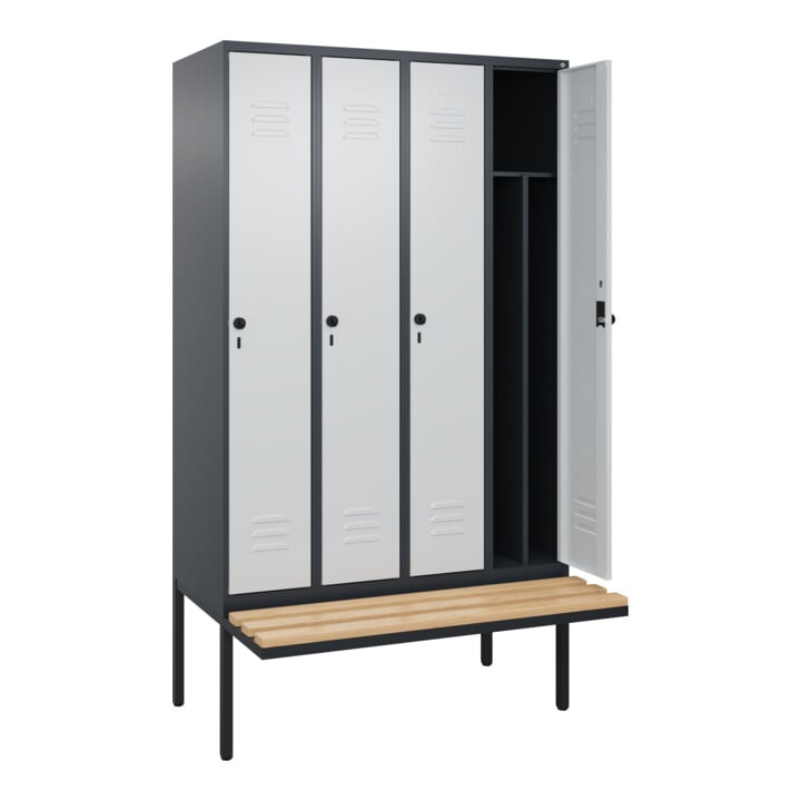 C+P Spind Classic PLUS, Bank, 4 Abteile, 2120x1200x815mm, 7016/7035 Verschluss Sicherheits-Drehriegel 4 Garderobenhaken Trennwand mittig  Sitzbanktyp auskragend