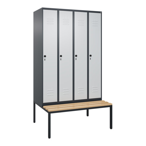 C+P Spind Classic PLUS, Bank, 4 Abteile, 2120x1200x815mm, 7016/7035 Verschluss Sicherheits-Drehriegel 4 Garderobenhaken Trennwand mittig  Sitzbanktyp untergebaut