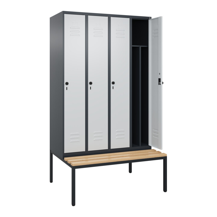 C+P Spind Classic PLUS, Bank, 4 Abteile, 2120x1200x815mm, 7016/7035 Verschluss Sicherheits-Drehriegel 4 Garderobenhaken Trennwand mittig  Sitzbanktyp untergebaut