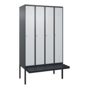 C+P Spind Classic PLUS, Bank, 4 Abteile, 2120x1200x815mm, 7016/7035 Verschluss Zylinderschloss 3 Garderobenhaken  Dekor Banklatten RAL 7021 Schwarzgrau Sitzbanktyp auskragend
