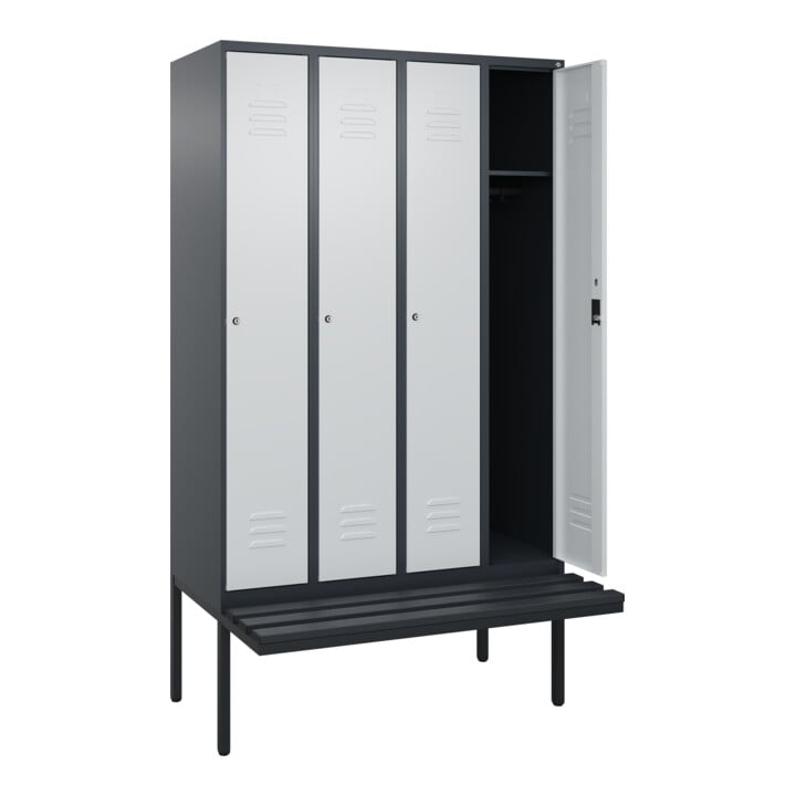 C+P Spind Classic PLUS, Bank, 4 Abteile, 2120x1200x815mm, 7016/7035 Verschluss Zylinderschloss 3 Garderobenhaken  Dekor Banklatten RAL 7021 Schwarzgrau Sitzbanktyp auskragend