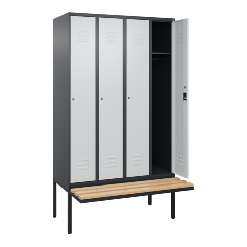 C+P Spind Classic PLUS, Bank, 4 Abteile, 2120x1200x815mm, 7016/7035 Verschluss Zylinderschloss 3 Garderobenhaken   Sitzbanktyp auskragend