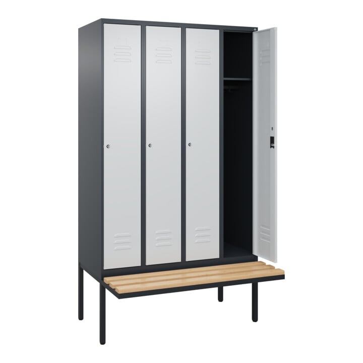 C+P Spind Classic PLUS, Bank, 4 Abteile, 2120x1200x815mm, 7016/7035 Verschluss Zylinderschloss 3 Garderobenhaken   Sitzbanktyp auskragend