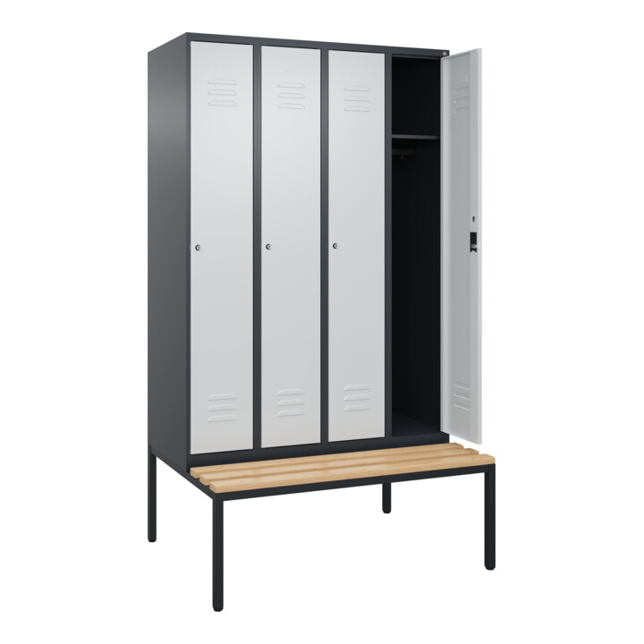 C+P Spind Classic PLUS, Bank, 4 Abteile, 2120x1200x815mm, 7016/7035 Verschluss Zylinderschloss 3 Garderobenhaken   Sitzbanktyp untergebaut