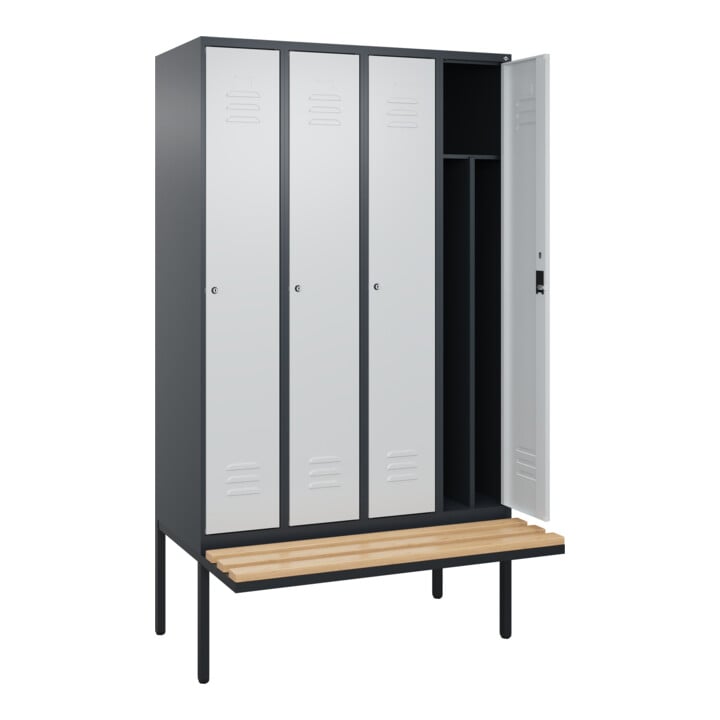 C+P Spind Classic PLUS, Bank, 4 Abteile, 2120x1200x815mm, 7016/7035 Verschluss Zylinderschloss 4 Garderobenhaken Trennwand mittig  Sitzbanktyp auskragend