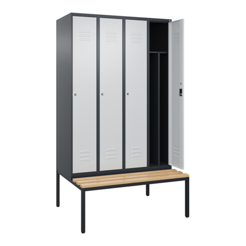 C+P Spind Classic PLUS, Bank, 4 Abteile, 2120x1200x815mm, 7016/7035 Verschluss Zylinderschloss 4 Garderobenhaken Trennwand mittig  Sitzbanktyp untergebaut