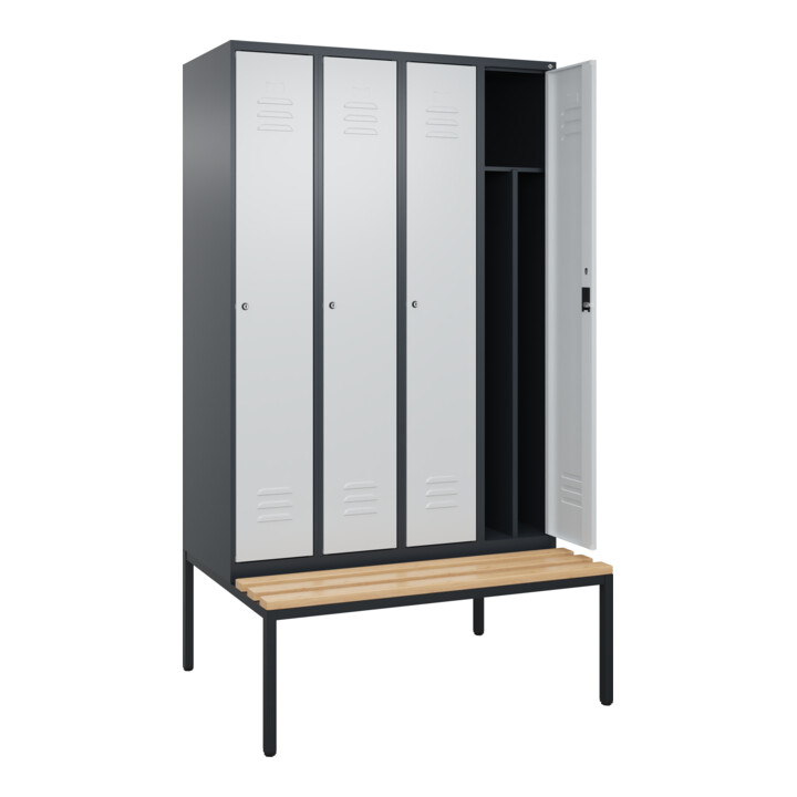 C+P Spind Classic PLUS, Bank, 4 Abteile, 2120x1200x815mm, 7016/7035 Verschluss Zylinderschloss 4 Garderobenhaken Trennwand mittig  Sitzbanktyp untergebaut