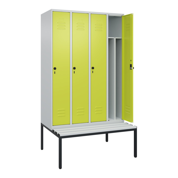 C+P Spind Classic PLUS, Bank, 4 Abteile, 2120x1200x815mm, 7035/0024 Verschluss Sicherheits-Drehriegel 4 Garderobenhaken Trennwand mittig Dekor Banklatten RAL 7035 Lichtgrau Sitzbanktyp untergebaut
