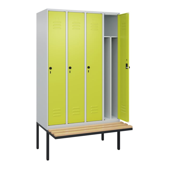 C+P Spind Classic PLUS, Bank, 4 Abteile, 2120x1200x815mm, 7035/0024 Verschluss Sicherheits-Drehriegel 4 Garderobenhaken Trennwand mittig  Sitzbanktyp auskragend