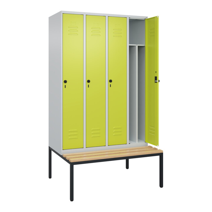 C+P Spind Classic PLUS, Bank, 4 Abteile, 2120x1200x815mm, 7035/0024 Verschluss Sicherheits-Drehriegel 4 Garderobenhaken Trennwand mittig  Sitzbanktyp untergebaut