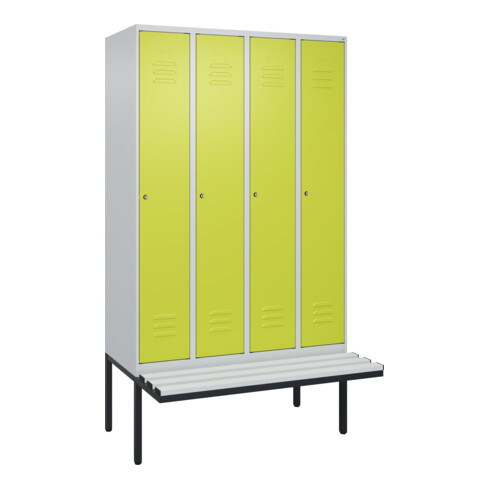 C+P Spind Classic PLUS, Bank, 4 Abteile, 2120x1200x815mm, 7035/0024 Verschluss Zylinderschloss 3 Garderobenhaken  Dekor Banklatten RAL 7035 Lichtgrau Sitzbanktyp auskragend