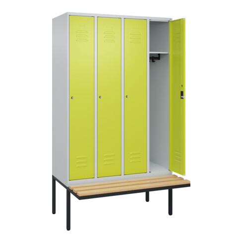 C+P Spind Classic PLUS, Bank, 4 Abteile, 2120x1200x815mm, 7035/0024 Verschluss Zylinderschloss 3 Garderobenhaken   Sitzbanktyp auskragend