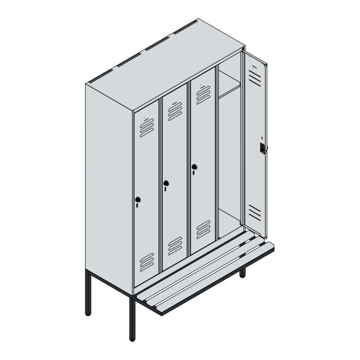 C+P Spind Classic PLUS, Bank, 4 Abteile, 2120x1200x815mm, 7035/0024 Verschluss Zylinderschloss 3 Garderobenhaken   Sitzbanktyp auskragend