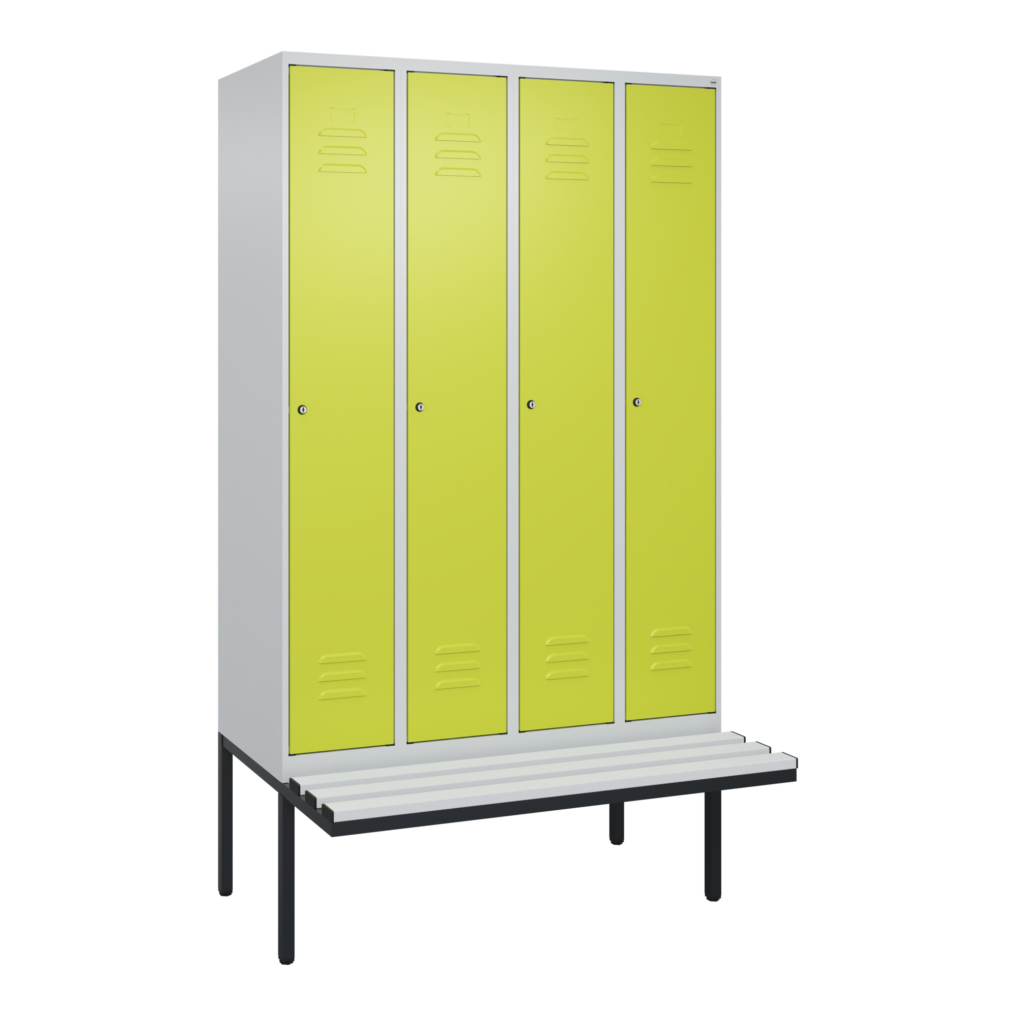 C+P Spind Classic PLUS, Bank, 4 Abteile, 2120x1200x815mm, 7035/0024 Verschluss Zylinderschloss 4 Garderobenhaken Trennwand mittig Dekor Banklatten RAL