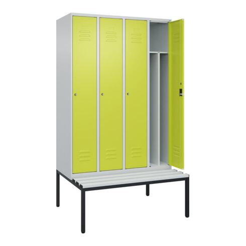 C+P Spind Classic PLUS, Bank, 4 Abteile, 2120x1200x815mm, 7035/0024 Verschluss Zylinderschloss 4 Garderobenhaken Trennwand mittig Dekor Banklatten RAL 7035 Lichtgrau Sitzbanktyp untergebaut