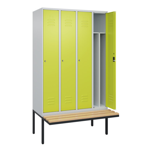 C+P Spind Classic PLUS, Bank, 4 Abteile, 2120x1200x815mm, 7035/0024 Verschluss Zylinderschloss 4 Garderobenhaken Trennwand mittig  Sitzbanktyp auskragend