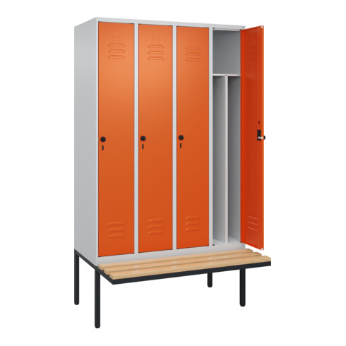 C+P Spind Classic PLUS, Bank, 4 Abteile, 2120x1200x815mm, 7035/2004 Verschluss Sicherheits-Drehriegel 4 Garderobenhaken Trennwand mittig  Sitzbanktyp auskragend