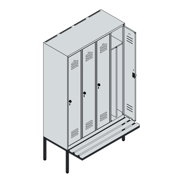 C+P Spind Classic PLUS, Bank, 4 Abteile, 2120x1200x815mm, 7035/2004 Verschluss Sicherheits-Drehriegel 4 Garderobenhaken Trennwand mittig  Sitzbanktyp auskragend