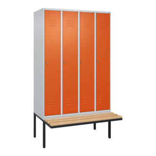 C+P Spind Classic PLUS, Bank, 4 Abteile, 2120x1200x815mm, 7035/2004 Verschluss Zylinderschloss 3 Garderobenhaken   Sitzbanktyp auskragend