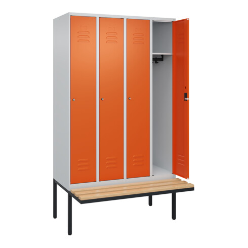 C+P Spind Classic PLUS, Bank, 4 Abteile, 2120x1200x815mm, 7035/2004 Verschluss Zylinderschloss 3 Garderobenhaken   Sitzbanktyp auskragend