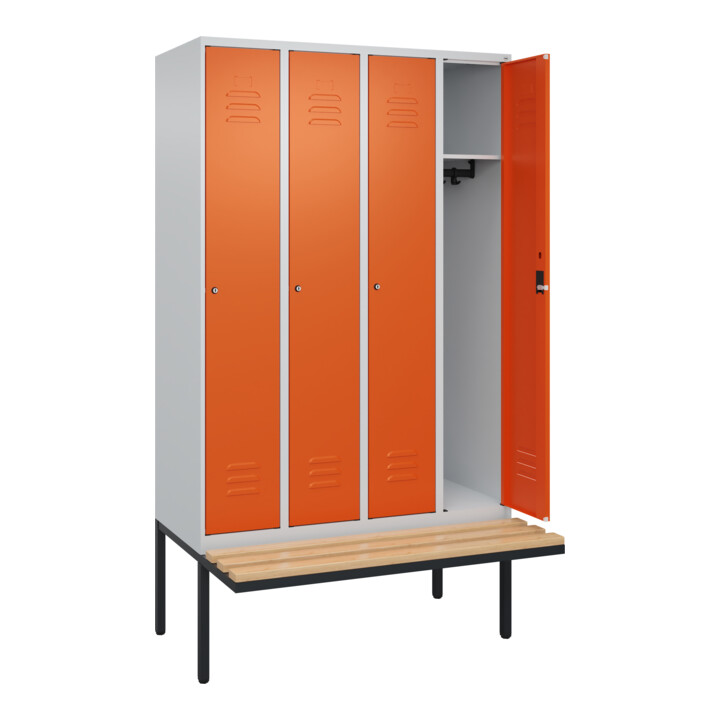 C+P Spind Classic PLUS, Bank, 4 Abteile, 2120x1200x815mm, 7035/2004 Verschluss Zylinderschloss 3 Garderobenhaken   Sitzbanktyp auskragend