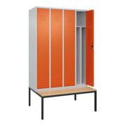 C+P Spind Classic PLUS, Bank, 4 Abteile, 2120x1200x815mm, 7035/2004 Verschluss Zylinderschloss 4 Garderobenhaken Trennwand mittig  Sitzbanktyp untergebaut