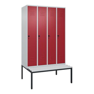 C+P Spind Classic PLUS, Bank, 4 Abteile, 2120x1200x815mm, 7035/3003 Verschluss Sicherheits-Drehriegel 4 Garderobenhaken Trennwand mittig Dekor Banklatten RAL 7035 Lichtgrau Sitzbanktyp untergebaut