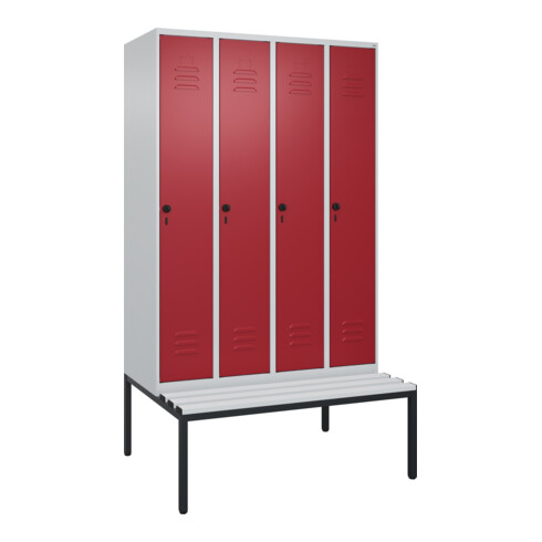 C+P Spind Classic PLUS, Bank, 4 Abteile, 2120x1200x815mm, 7035/3003 Verschluss Sicherheits-Drehriegel 4 Garderobenhaken Trennwand mittig Dekor Banklatten RAL 7035 Lichtgrau Sitzbanktyp untergebaut