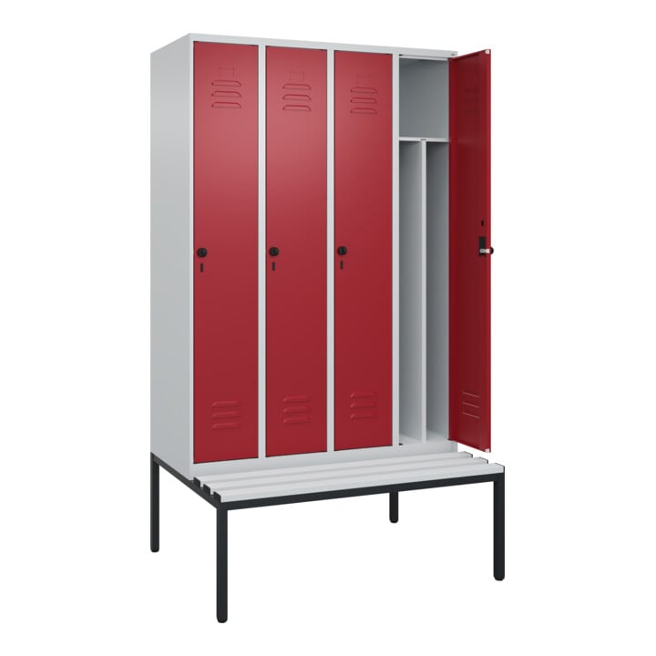C+P Spind Classic PLUS, Bank, 4 Abteile, 2120x1200x815mm, 7035/3003 Verschluss Sicherheits-Drehriegel 4 Garderobenhaken Trennwand mittig Dekor Banklatten RAL 7035 Lichtgrau Sitzbanktyp untergebaut