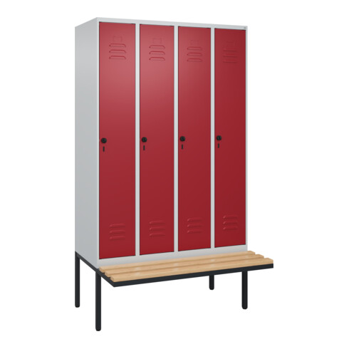 C+P Spind Classic PLUS, Bank, 4 Abteile, 2120x1200x815mm, 7035/3003 Verschluss Sicherheits-Drehriegel 4 Garderobenhaken Trennwand mittig  Sitzbanktyp auskragend