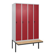 C+P Spind Classic PLUS, Bank, 4 Abteile, 2120x1200x815mm, 7035/3003 Verschluss Sicherheits-Drehriegel 4 Garderobenhaken Trennwand mittig  Sitzbanktyp auskragend