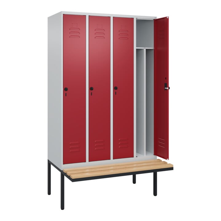 C+P Spind Classic PLUS, Bank, 4 Abteile, 2120x1200x815mm, 7035/3003 Verschluss Sicherheits-Drehriegel 4 Garderobenhaken Trennwand mittig  Sitzbanktyp auskragend