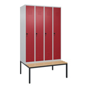 C+P Spind Classic PLUS, Bank, 4 Abteile, 2120x1200x815mm, 7035/3003 Verschluss Sicherheits-Drehriegel 4 Garderobenhaken Trennwand mittig  Sitzbanktyp untergebaut