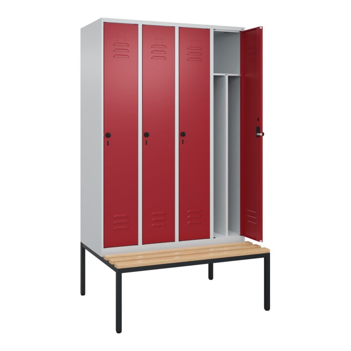 C+P Spind Classic PLUS, Bank, 4 Abteile, 2120x1200x815mm, 7035/3003 Verschluss Sicherheits-Drehriegel 4 Garderobenhaken Trennwand mittig  Sitzbanktyp untergebaut