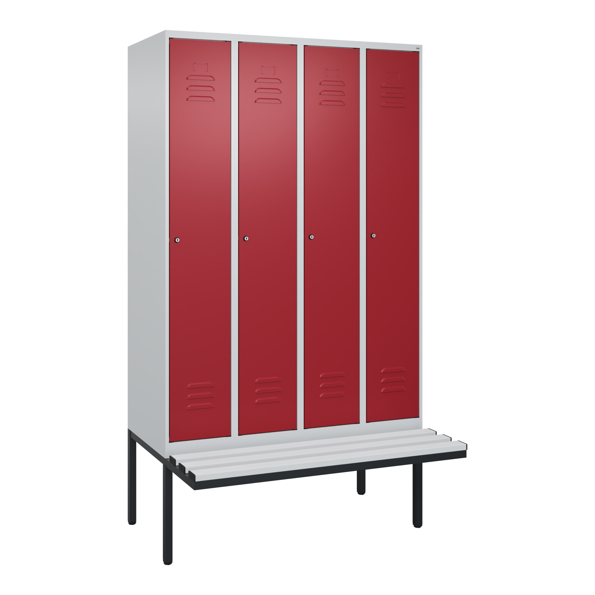 C+P Spind Classic PLUS, Bank, 4 Abteile, 2120x1200x815mm, 7035/3003 Verschluss Zylinderschloss 3 Garderobenhaken Dekor Banklatten RAL 7035 Lichtgrau