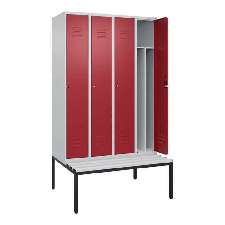 C+P Spind Classic PLUS, Bank, 4 Abteile, 2120x1200x815mm, 7035/3003 Verschluss Zylinderschloss 4 Garderobenhaken Trennwand mittig Dekor Banklatten RAL 7035 Lichtgrau Sitzbanktyp untergebaut